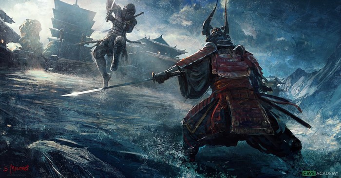 Samurai and ninja fighting in a snowy Japanese village