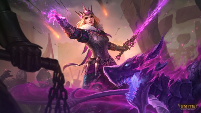 Morgan Le Fay with a dark creature in battle