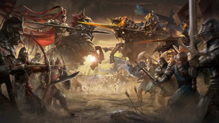 Battle of Steel warriors with swords and bows