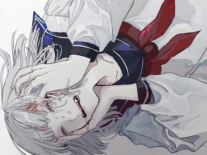 Girl with white hair in school uniform crying blood