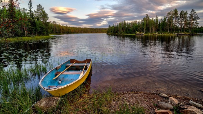 Yellow and blue rowboat on a lake with trees and clouds