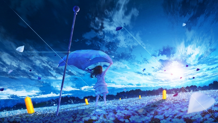 Girl holding a blue flag in a field of flowers