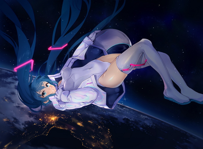 Hatsune Miku in space above Earth