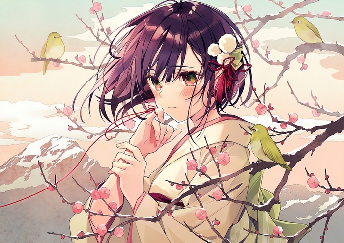 Girl in Kimono with Birds and Cherry Blossoms