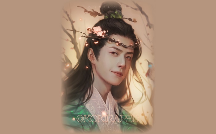 Digital painting of Wang Yibo with flowers