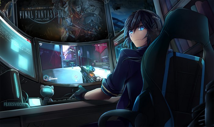 Anime girl playing Overwatch and Final Fantasy XIV
