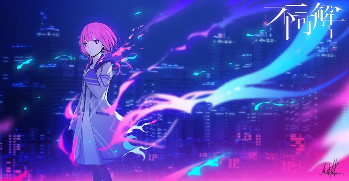 Anime girl with pink hair in a city at night