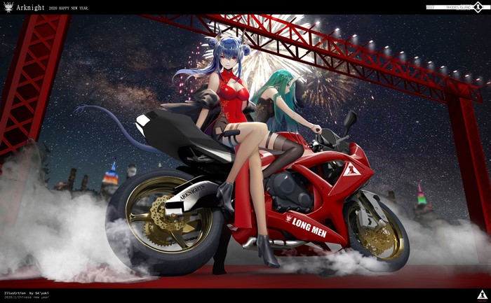 Chen and Hoshiguma from Arknights on a motorcycle