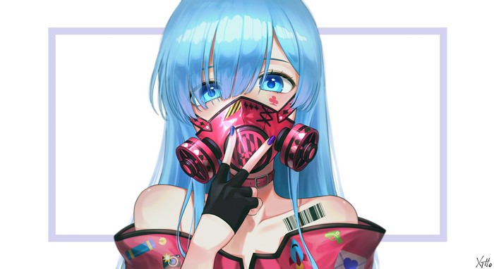 Rem from Re:Zero wearing a gas mask, artwork