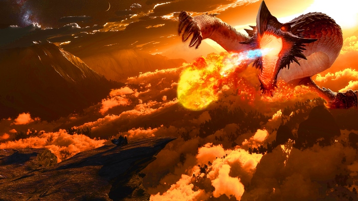 Dragon breathing fire over clouds and mountains