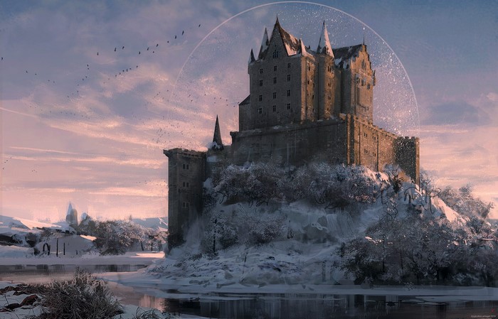 Artwork of a castle in winter by Konstantinos Skenteridis