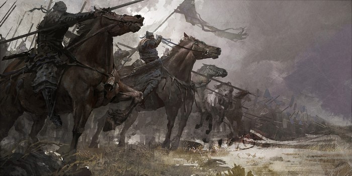 Warriors on horseback in a battle charge