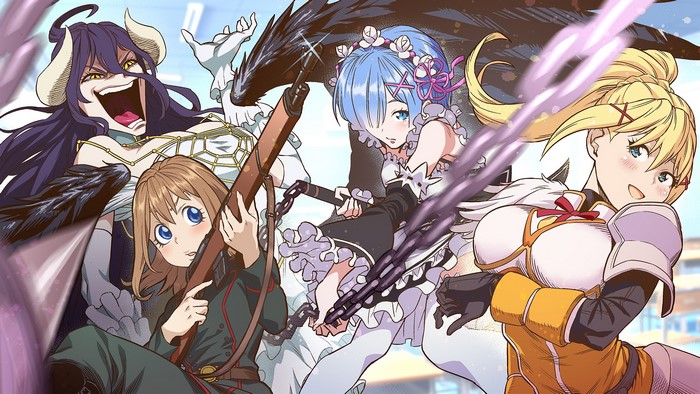 Albedo, Rem, Viktoriya, and Darkness from Isekai Quartet