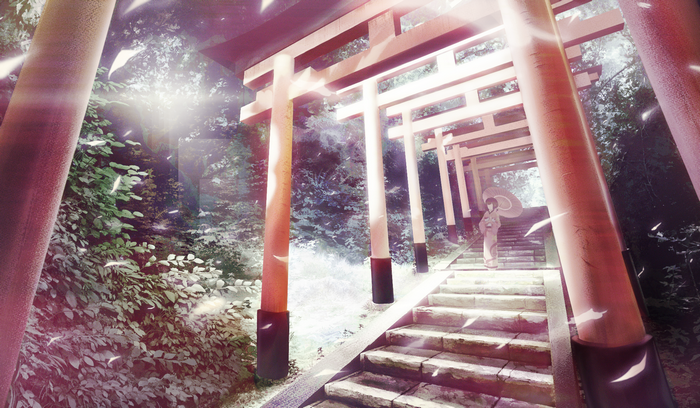 Anime landscape with torii gates and a woman