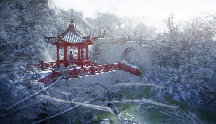 Fantasy winter landscape with a traditional pavilion