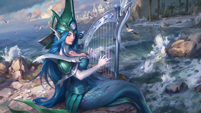 Mermaid playing harp on rocks with waves