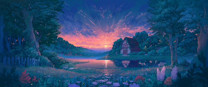 Anime landscape with a house by a lake at sunset