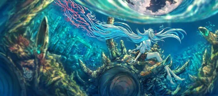 Anime girl with long hair underwater