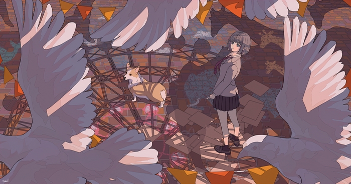 Girl with Corgi and Birds