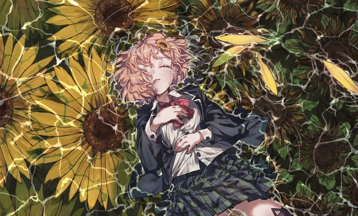 Anime girl lying in sunflowers