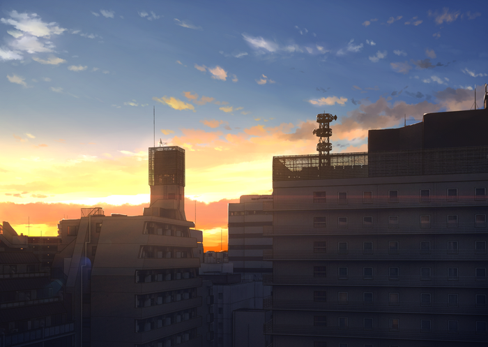 Anime city skyline at sunset with clouds