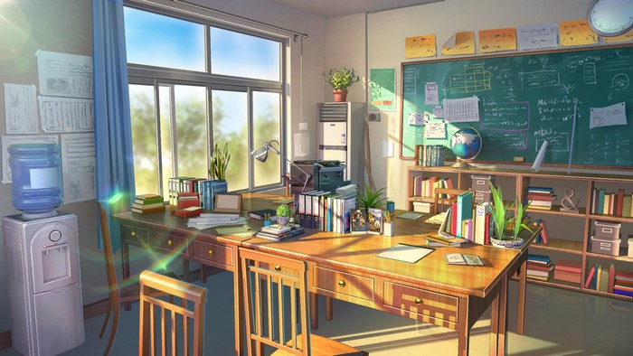 Anime classroom with sunlight and books