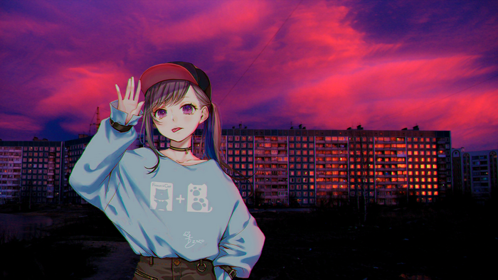 Anime girl with cat sweater in front of apartment buildings at sunset