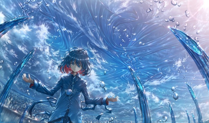Anime girl with blue hair in a watery world