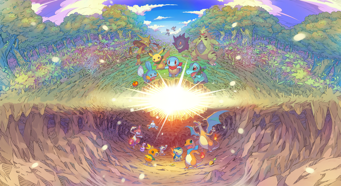 Pokémon Mystery Dungeon: Pikachu, Squirtle, Charmander, and friends in a forest and cave