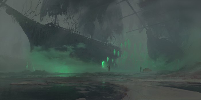 Artwork of a ghost ship with green spectral figures