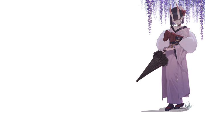 Oni girl in kimono holding an umbrella under wisteria