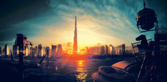 Spec Ops: The Line - Post-apocalyptic Dubai cityscape at sunset