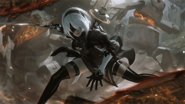 2B from Nier: Automata fighting robots