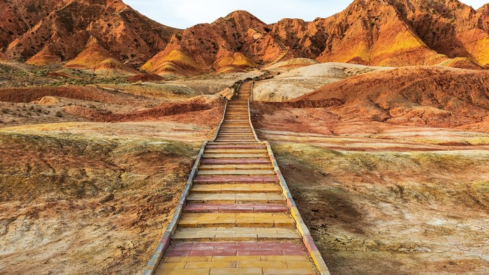 Colorful Danxia Landform Mountains with Stairs in China