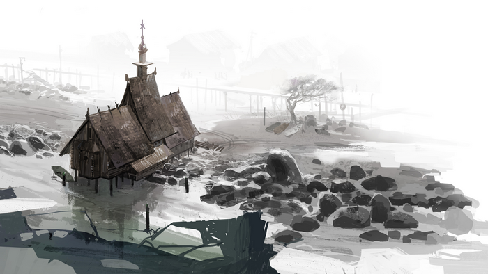 Concept art of a wooden building by Aleksander Rostov