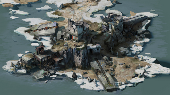 4K concept art of a ruined industrial island from Disco Elysium
