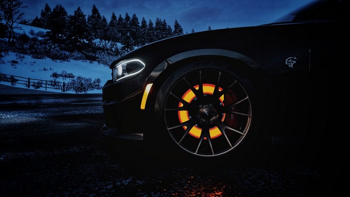 Dodge Charger SRT Hellcat with glowing brakes on Fortune Island