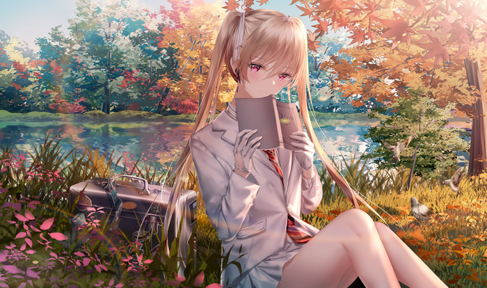 Anime girl with twintails reading a book by a lake in fall