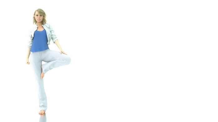 Cecilia Harris in yoga pose on white background