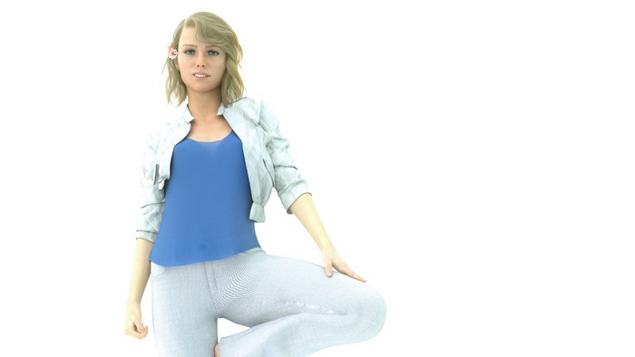Woman with blonde hair and blue eyes wearing a blue top and white jacket