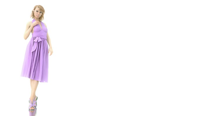 Woman in purple dress with flower in hair