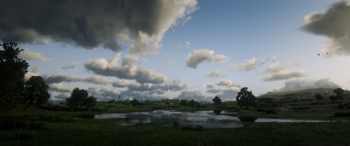 Red Dead Redemption 2 landscape with clouds and a pond