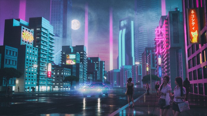 Cyberpunk Cityscape with Moon and Neon Lights
