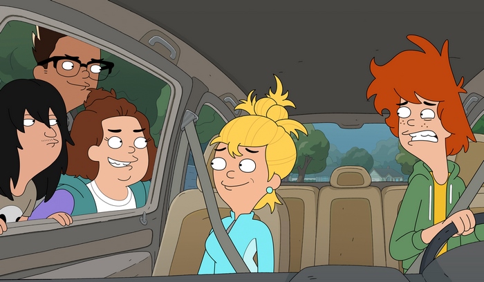 Duncanville: Annie, Duncan, Yangzi, Bex, and Wolf in a car