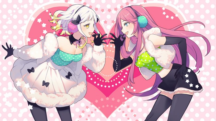 Two anime girls with pink and white hair