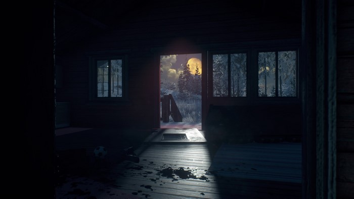 Generation Zero screenshot of a dark room with a moonlit forest view