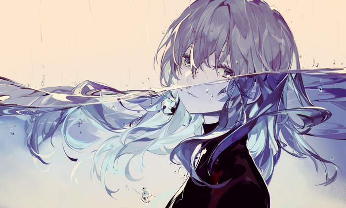 Anime girl with gray hair and eyes underwater