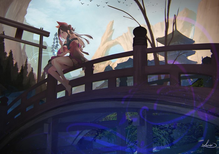 Anime girl with fox ears on a bridge