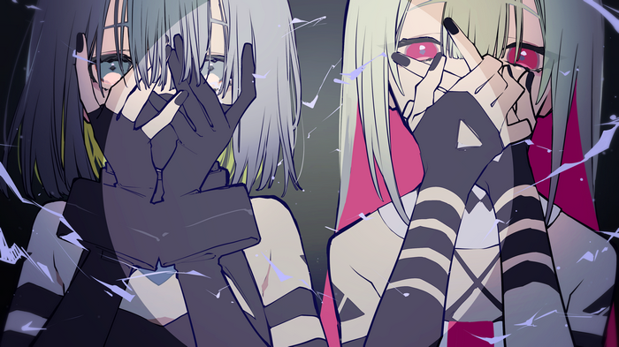 Two anime girls covering faces, artwork by Kei Mochizuki