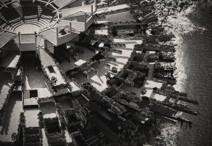 Aerial view of modern architecture on a rocky coast